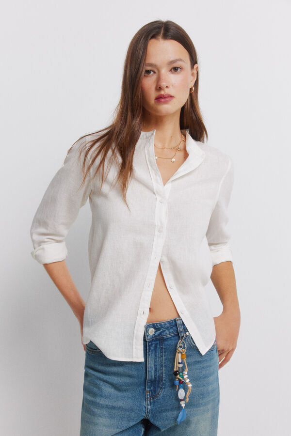 Springfield Linen long sleeve mandarin collar shirt brown