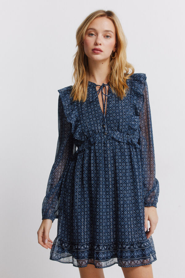 Springfield Short dress with long sleeves and ruffles blue