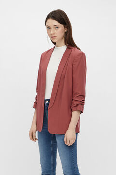 Springfield Blazer with 3/4-length sleeves, lapel detail and gathered sleeves. No buttons. brick
