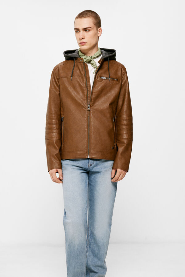 Springfield Faux leather jacket with hood beige