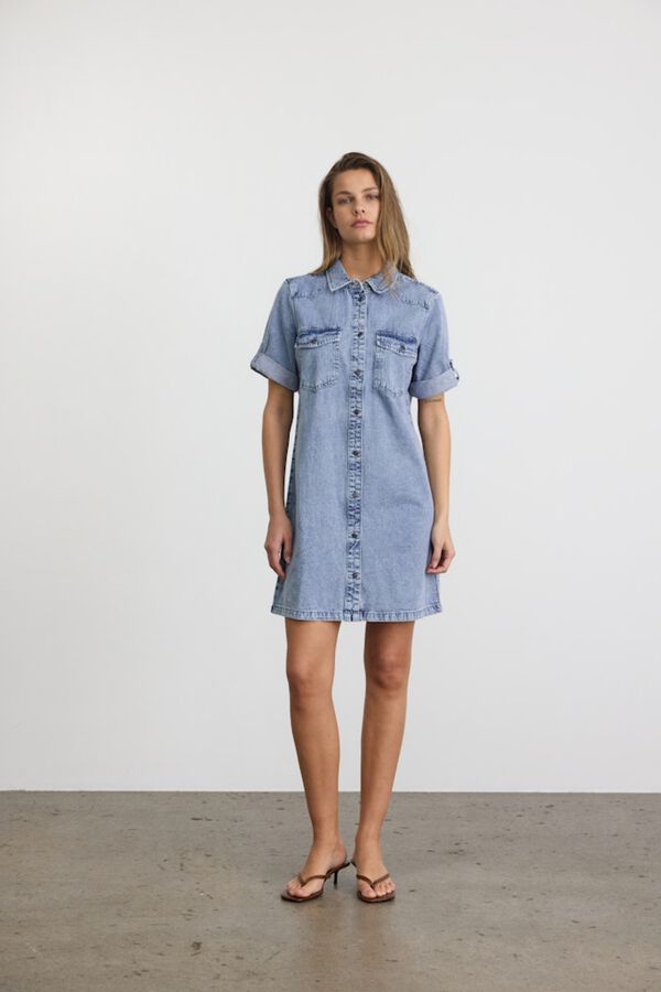 Noisy May Denim short sleeve collared front pocket dress blue
