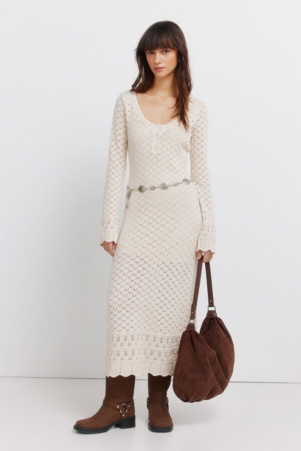 Springfield Pointelle jersey-knit midi dress brown