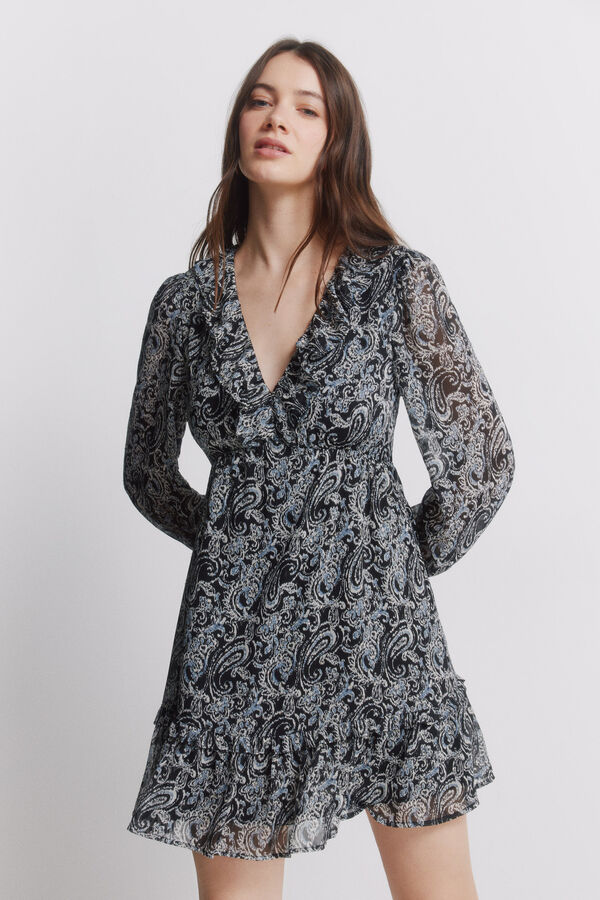 Springfield Print long sleeve short dress black