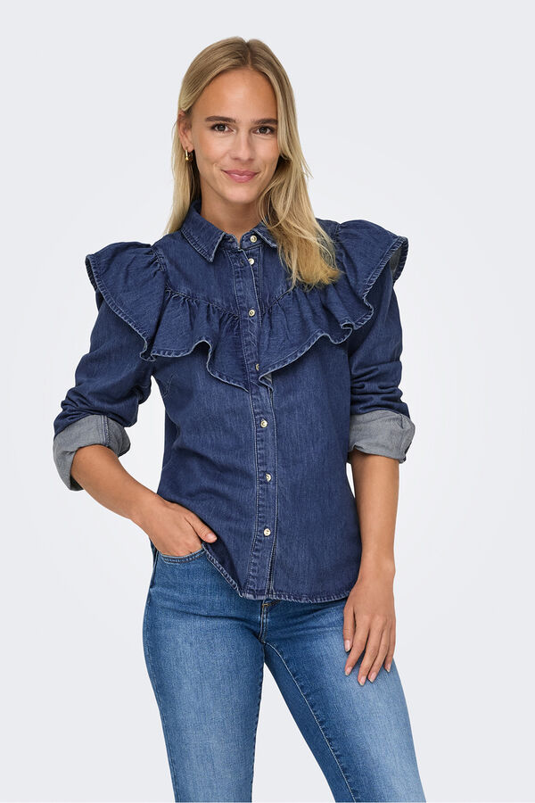 Only denim shirt with ruffle blue