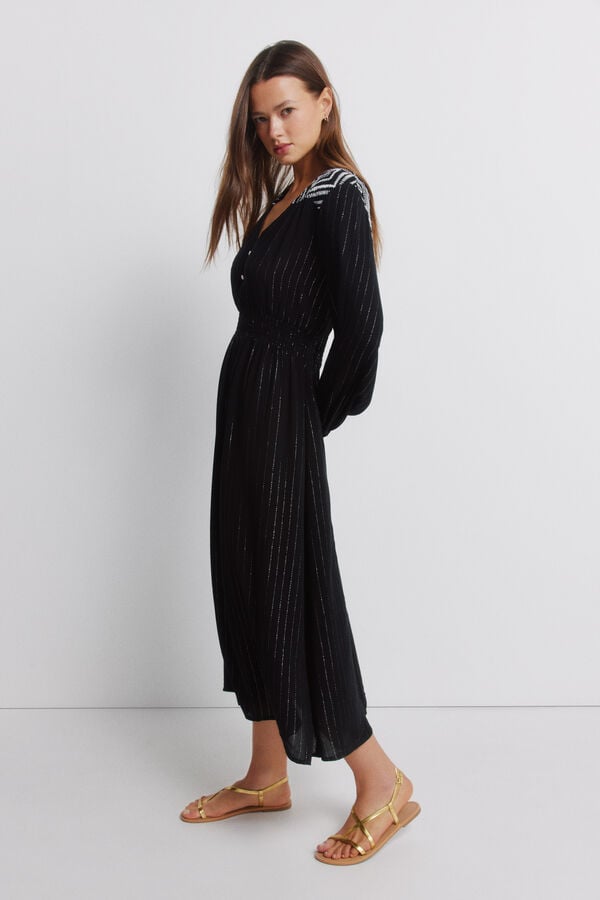 Springfield Robe longue bambula aux &eacute;paules brod&eacute;es noir