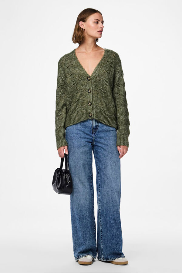 Pieces Openwork Buttoned Cardigan vert