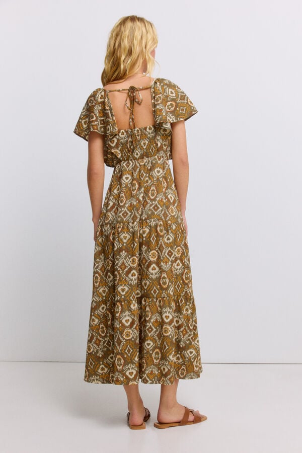 Springfield Printed ruffle midi dress beige