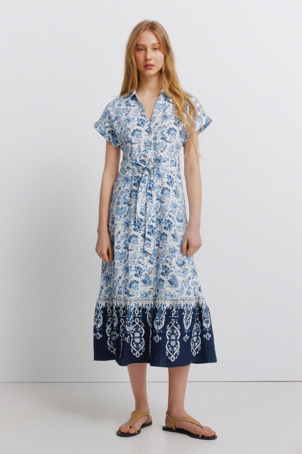 Springfield Printed linen shirt dress brown