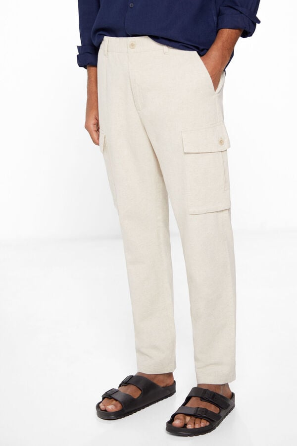 Springfield Pantalón cargo lino slim fit estampado fondo blanco