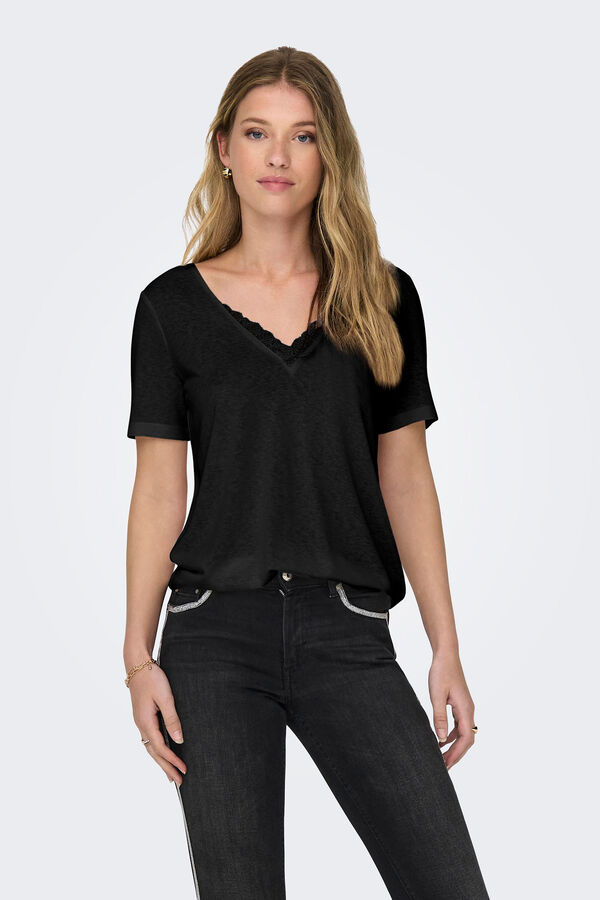 Springfield Short-sleeved top with lace crna