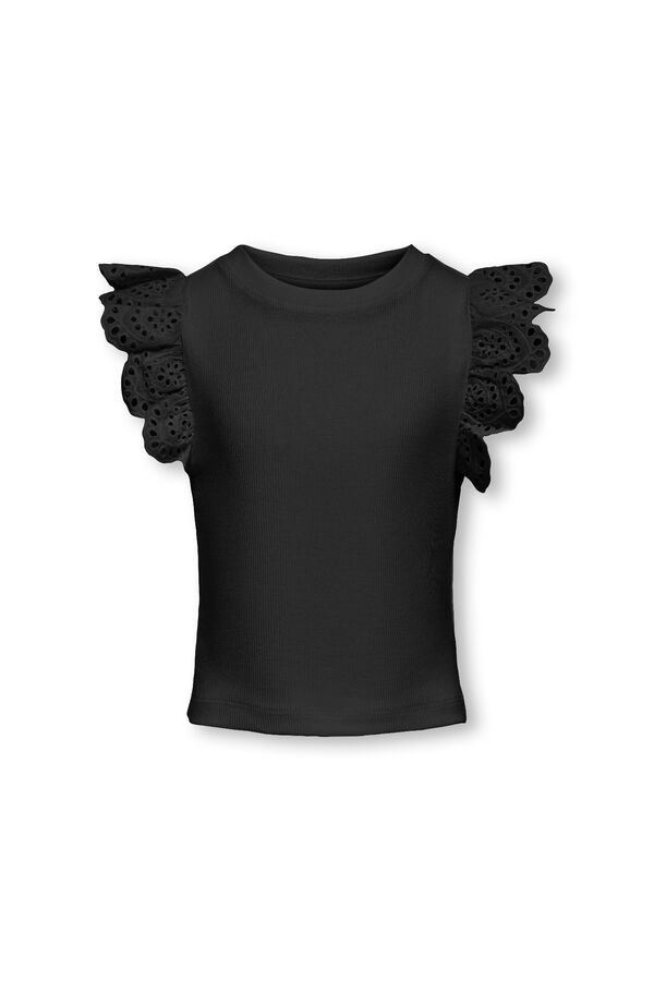 Only Girls T-shirt canelada com folhos bordados preto