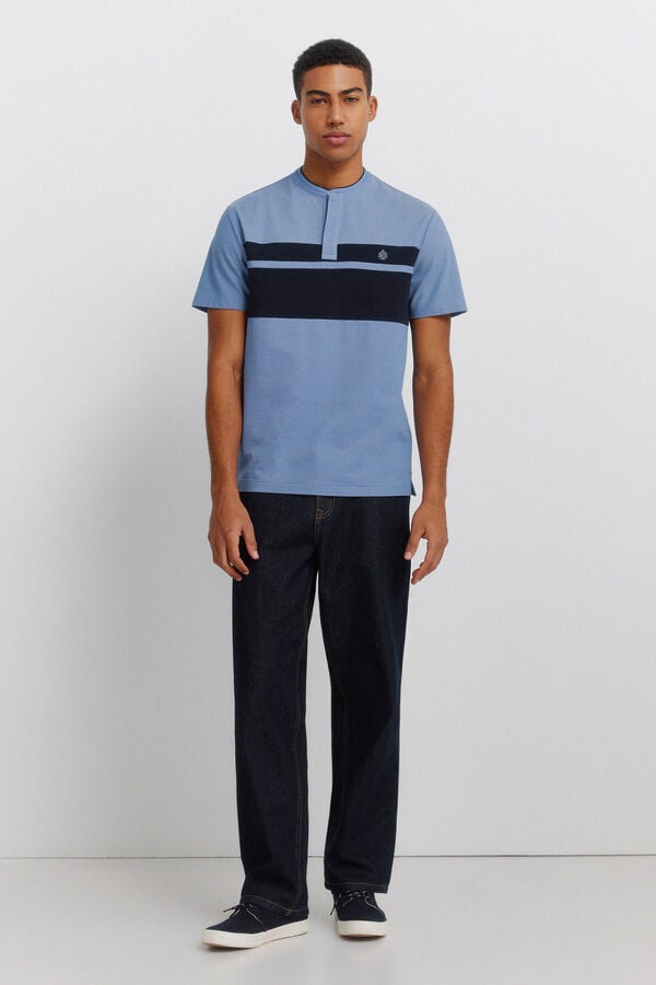 Springfield Colour block piqu&eacute; Henley polo shirt slim fit blue