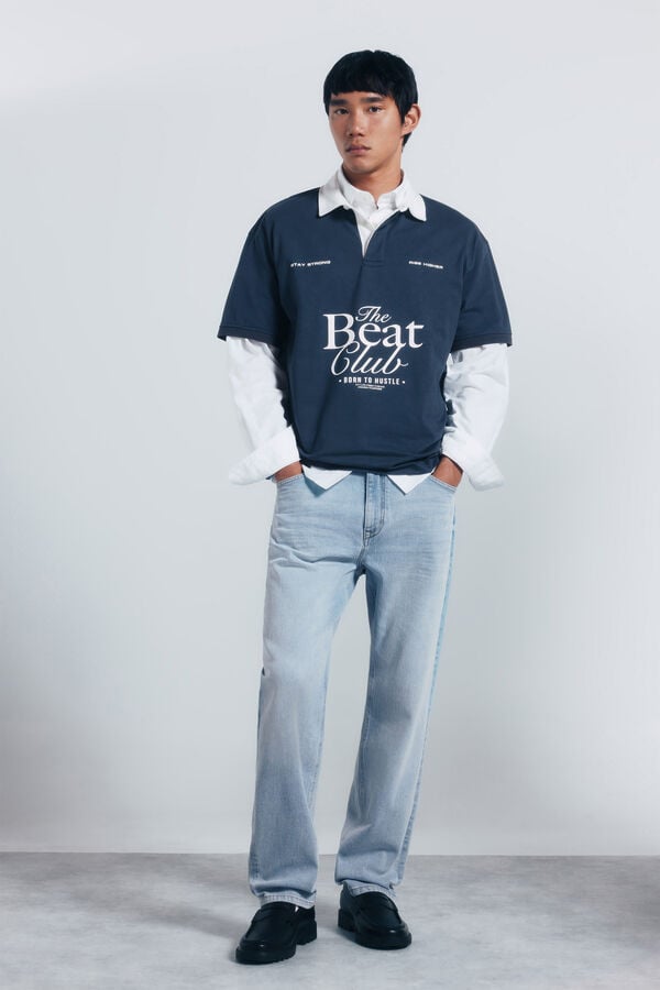 Springfield Polo de rugby avec textes en coupe carr&eacute;e bleu