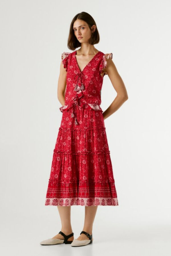 Pepe Jeans Long skirt with elasticated bands red