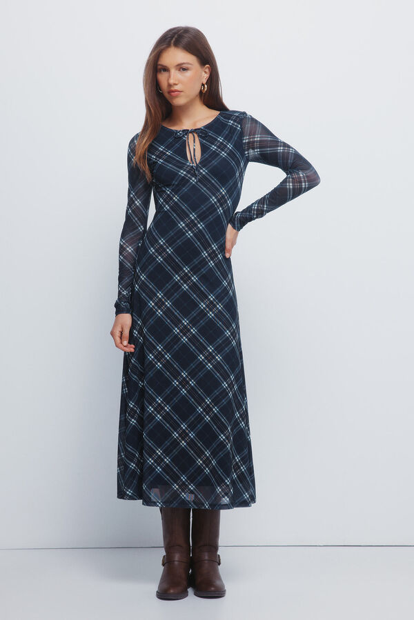 Springfield Vestido midi xadrez de chiffon azul