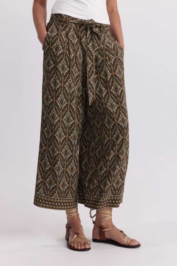 Springfield Printed fluid trousers with belt beige
