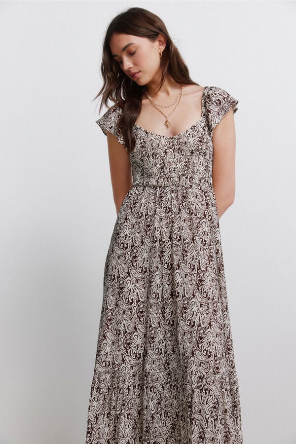 Springfield Paisley print ruffle dress beige