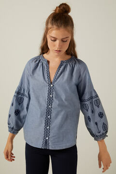 Springfield Embroidered organic cotton chambray blouse bluish
