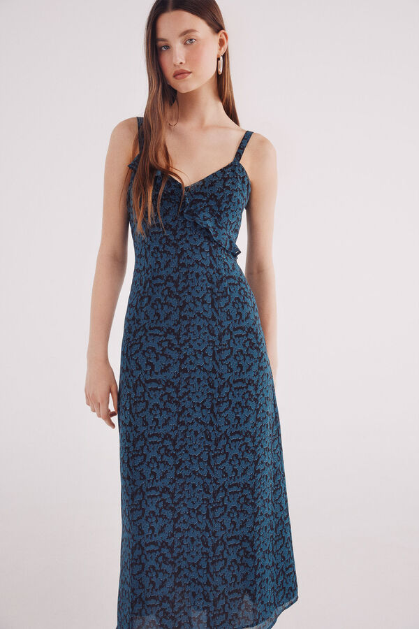 Springfield print midi dress with ruffle neckline black