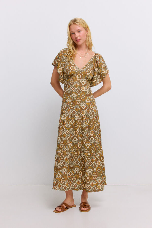 Springfield Printed ruffle midi dress beige