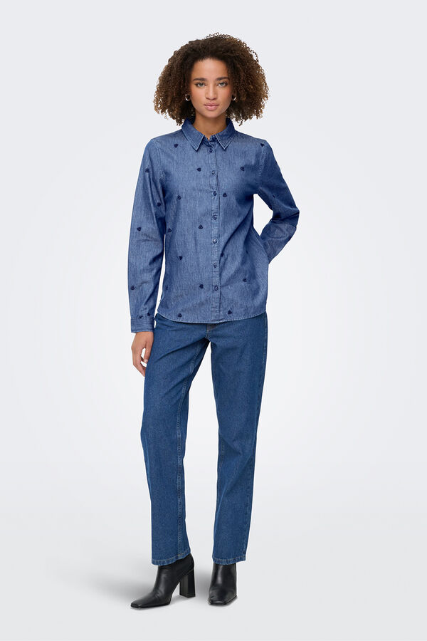 JDY Camisa de ganga bordada azul