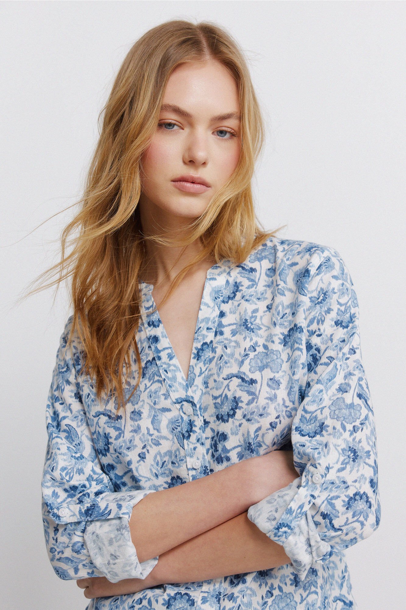 Springfield Linen-look mandarin collar shirt