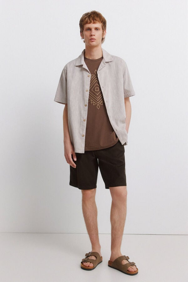Springfield Linen-look short sleeve bowling shirt brown