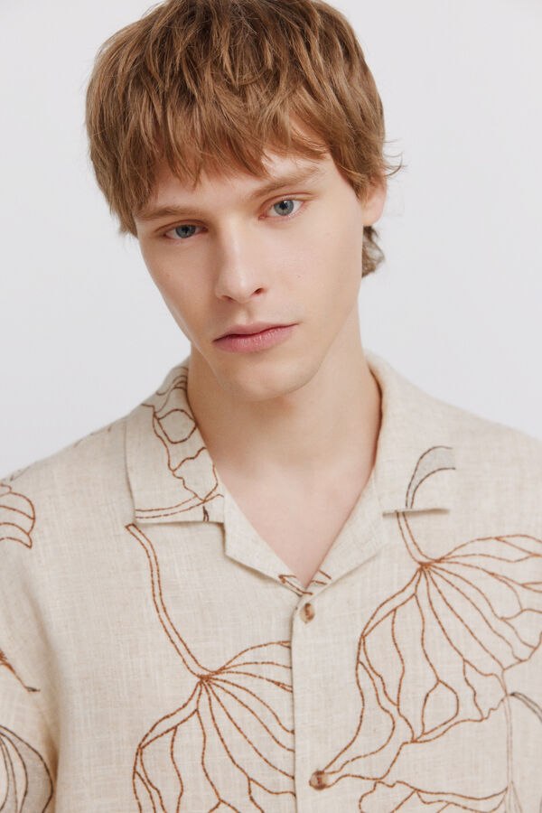 Springfield Printed linen viscose short sleeve shirt grey