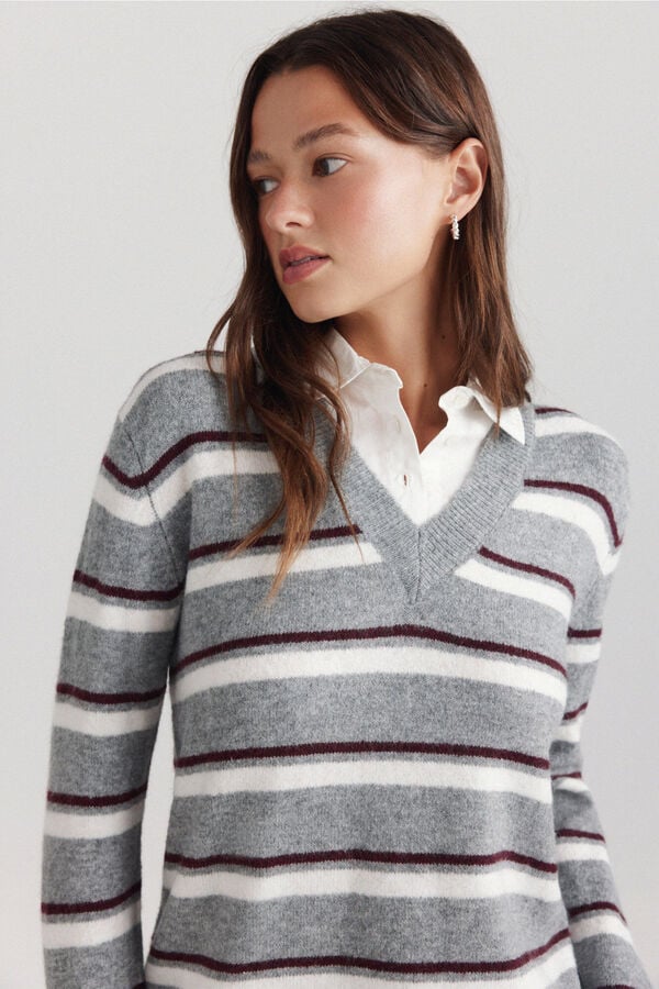 Springfield Striped V-neck mixed fabric jumper grey