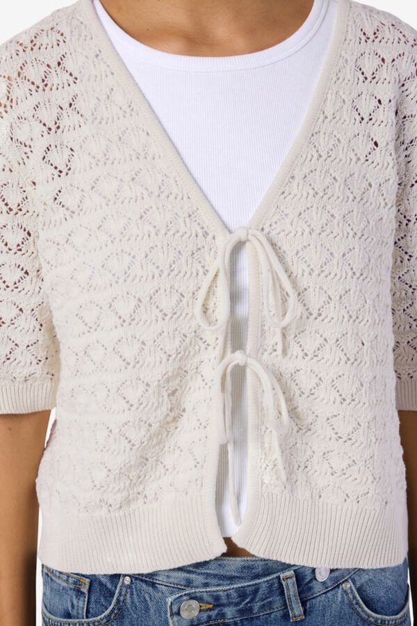 Noisy May Pointelle knit tie top grey