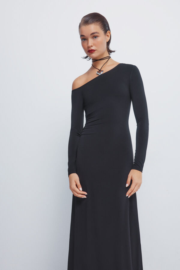 Springfield Draped midi dress with asymmetrical neckline  black