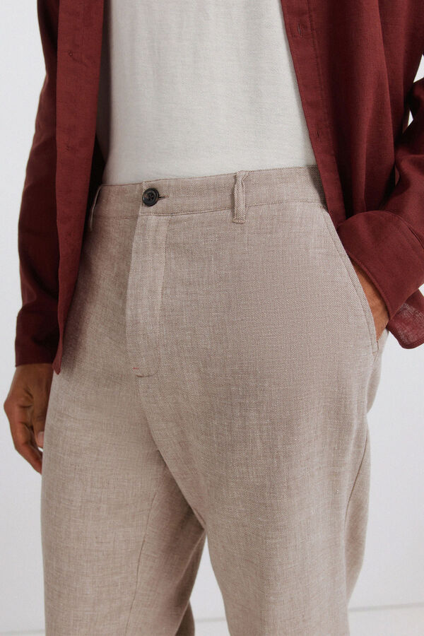 Springfield Structured linen comfort slim fit trousers nude