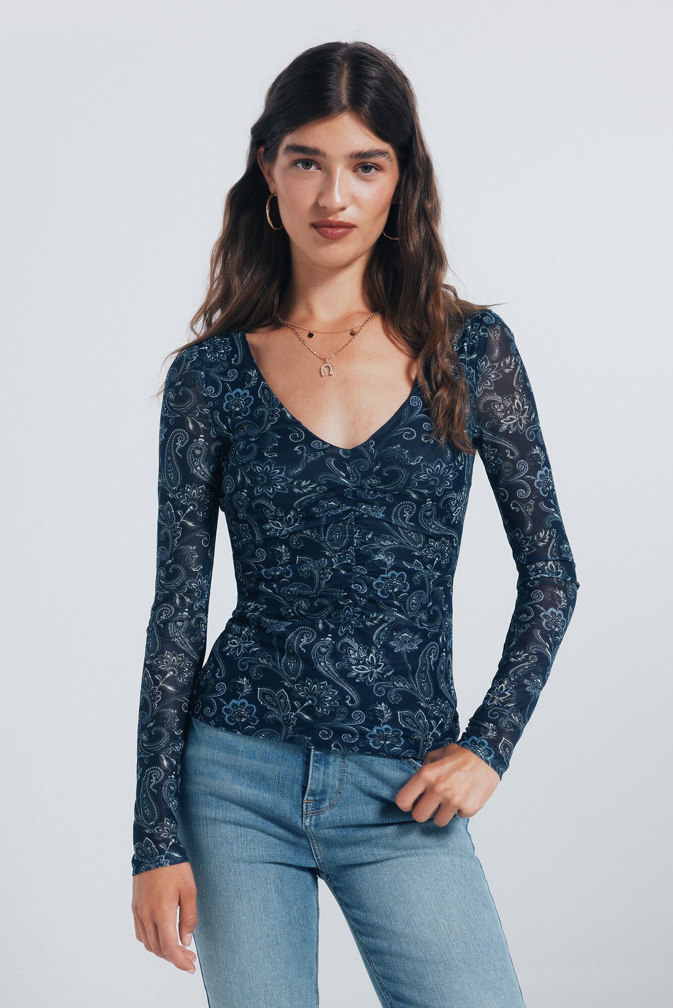 Springfield Camiseta gasa escote frunces estampada