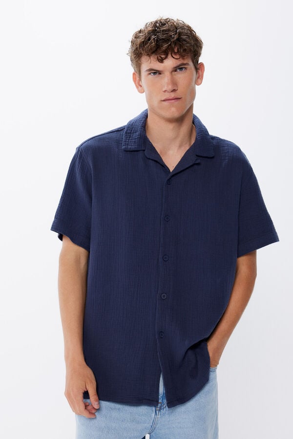 Springfield Camisa manga curto tecido enrugado azul