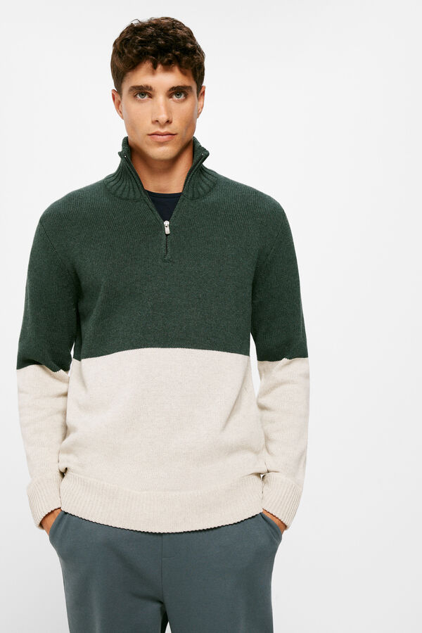 Springfield Colour block jumper with zipped high neck blue