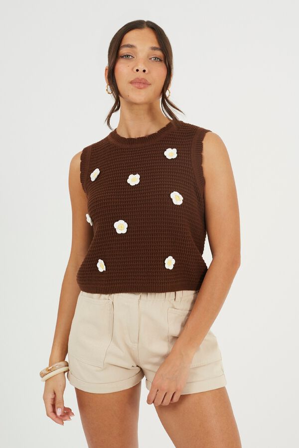 Brave Soul Crochet floral gilet nude