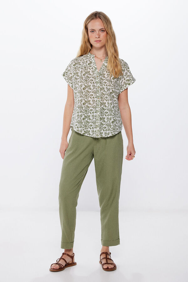Springfield Linen/cotton mandarin collar short-sleeved blouse green