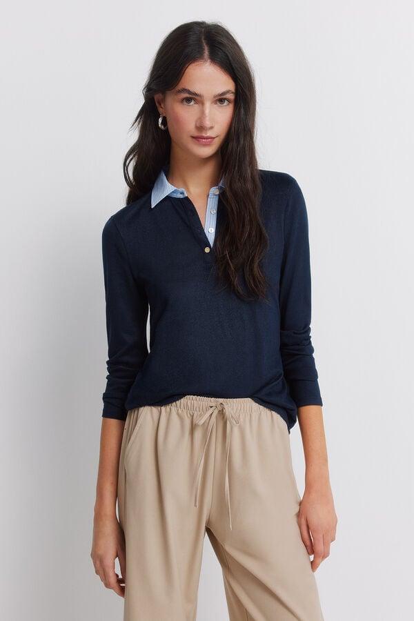 Springfield Long sleeve two-fabric jersey-knit polo shirt blue