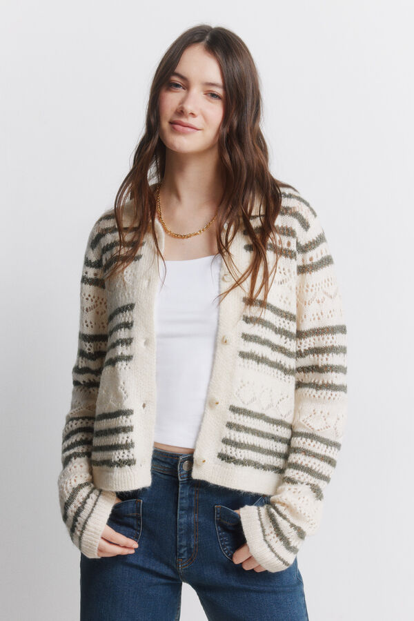 Springfield Cardigan pointelle &agrave; rayures marron