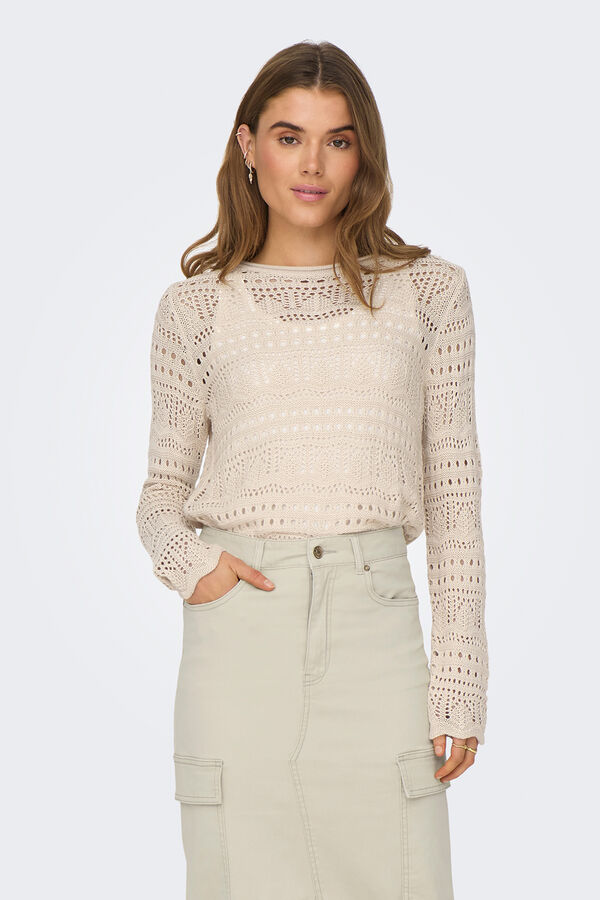 JDY Su&eacute;ter de gola gola redonda com detalhes vazados camel