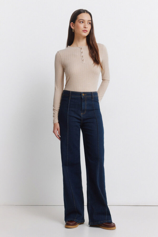 Springfield Camiseta canalé cuello botones nude