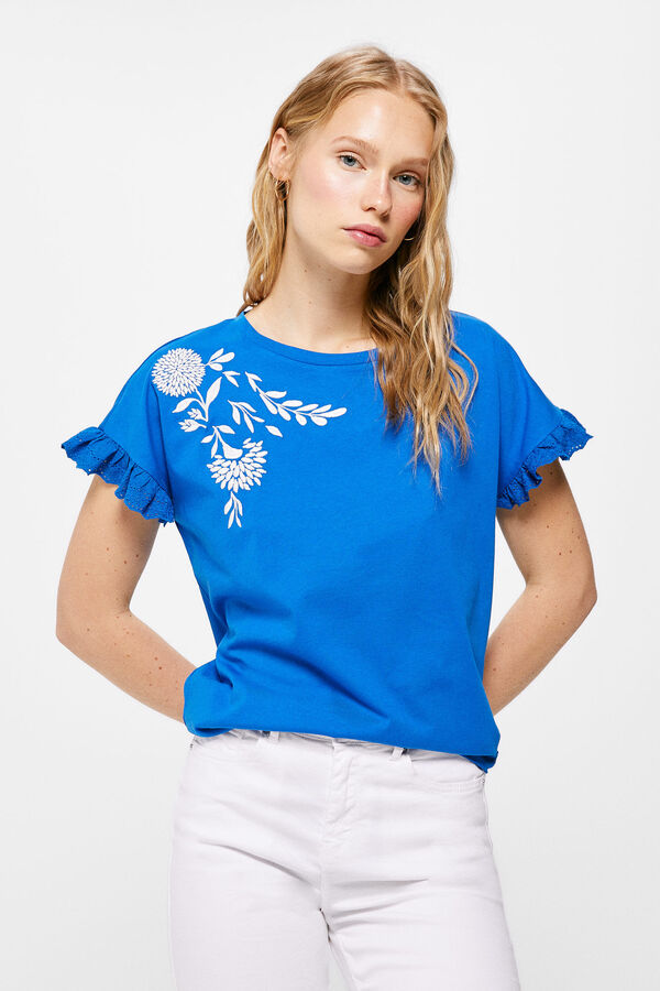 Springfield T-shirt Fleur Brodée Volants bleu