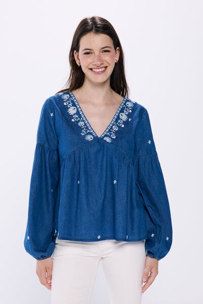 Springfield Blusa denim bordados azul aço