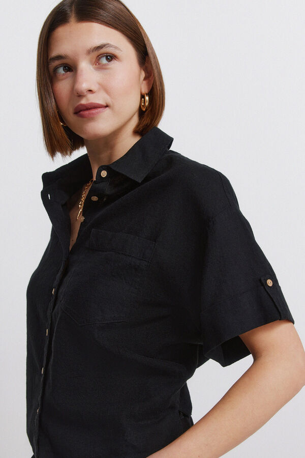 Springfield Camisa de linho de manga curta preto