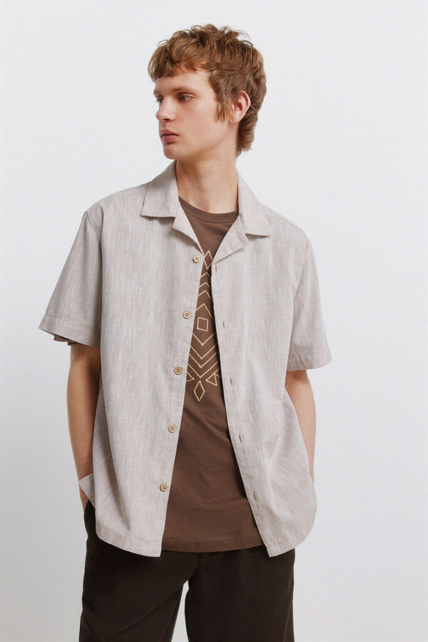 Springfield Linen-look short sleeve bowling shirt brown