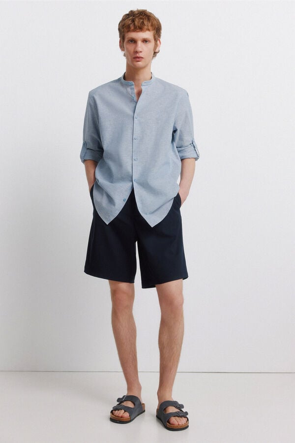 Springfield Linen mandarin collar shirt blue