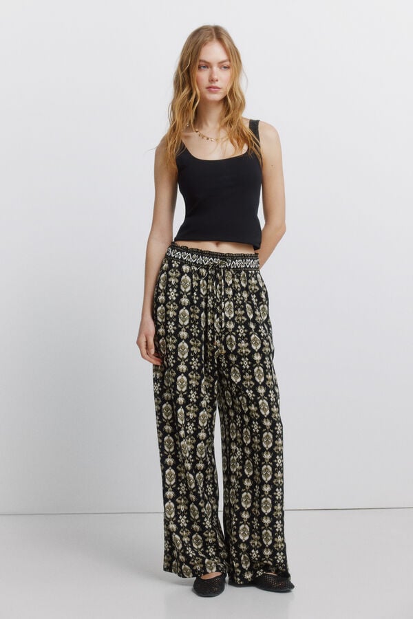 Springfield Printed rustic drawstring trousers black
