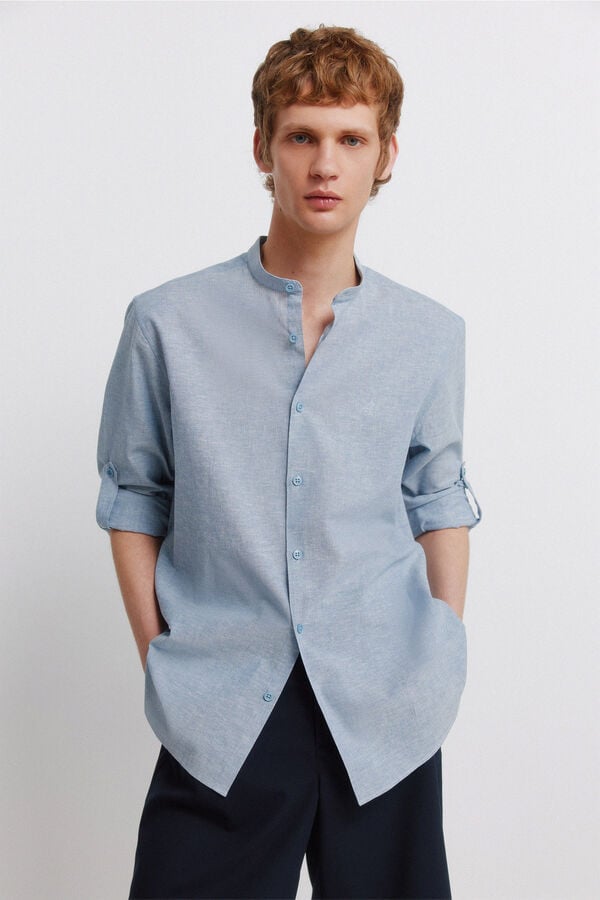 Springfield Linen mandarin collar shirt blue