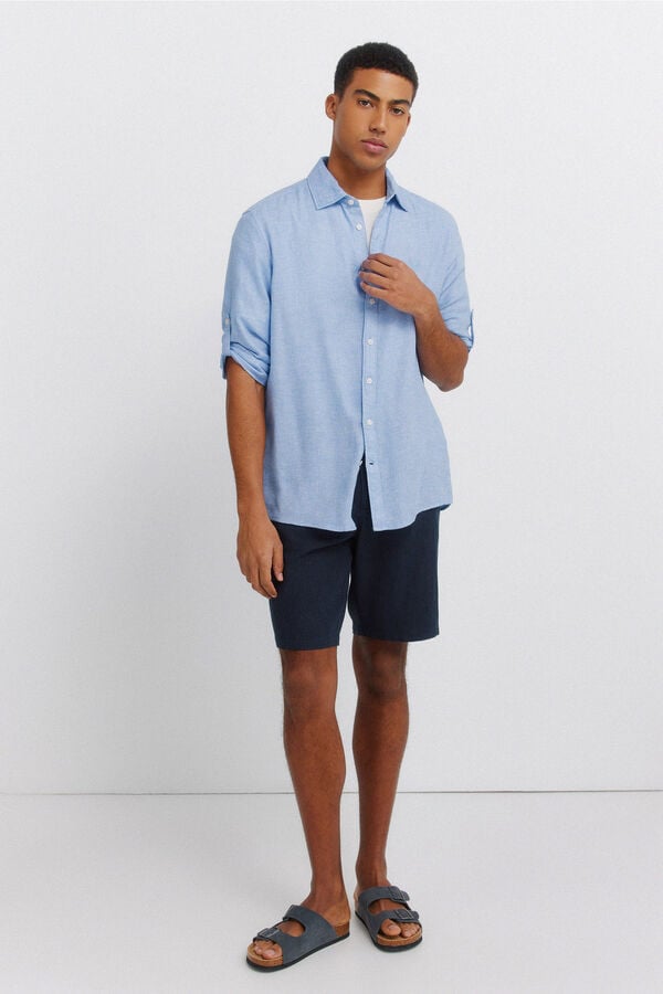 Springfield Linen viscose 3/4 sleeve shirt blue