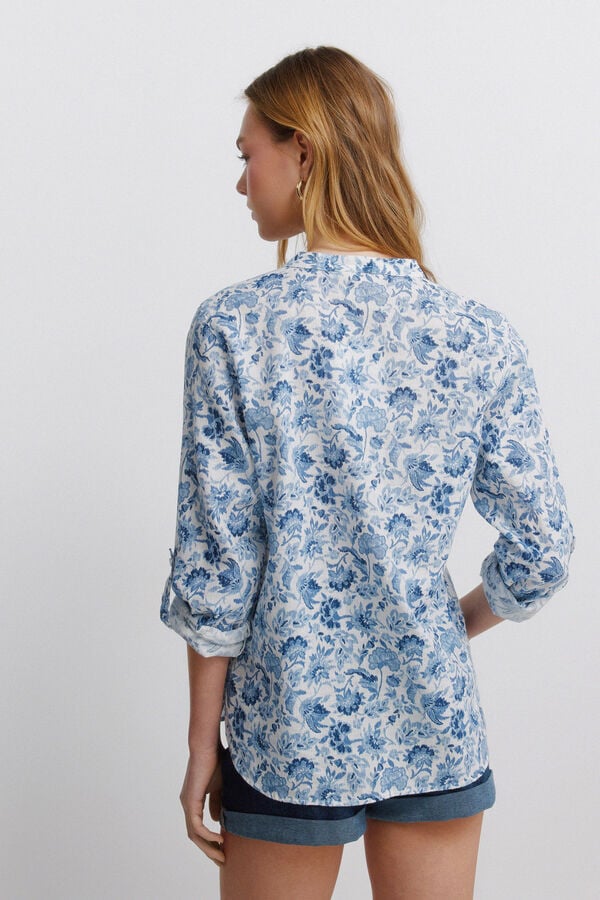 Springfield Linen-look mandarin collar shirt blue